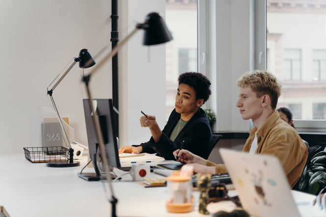 colleagues looking at monitor together