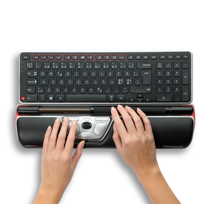 RollerMouse Red and Balance Keyboard seen from above with two hands using the mouse 